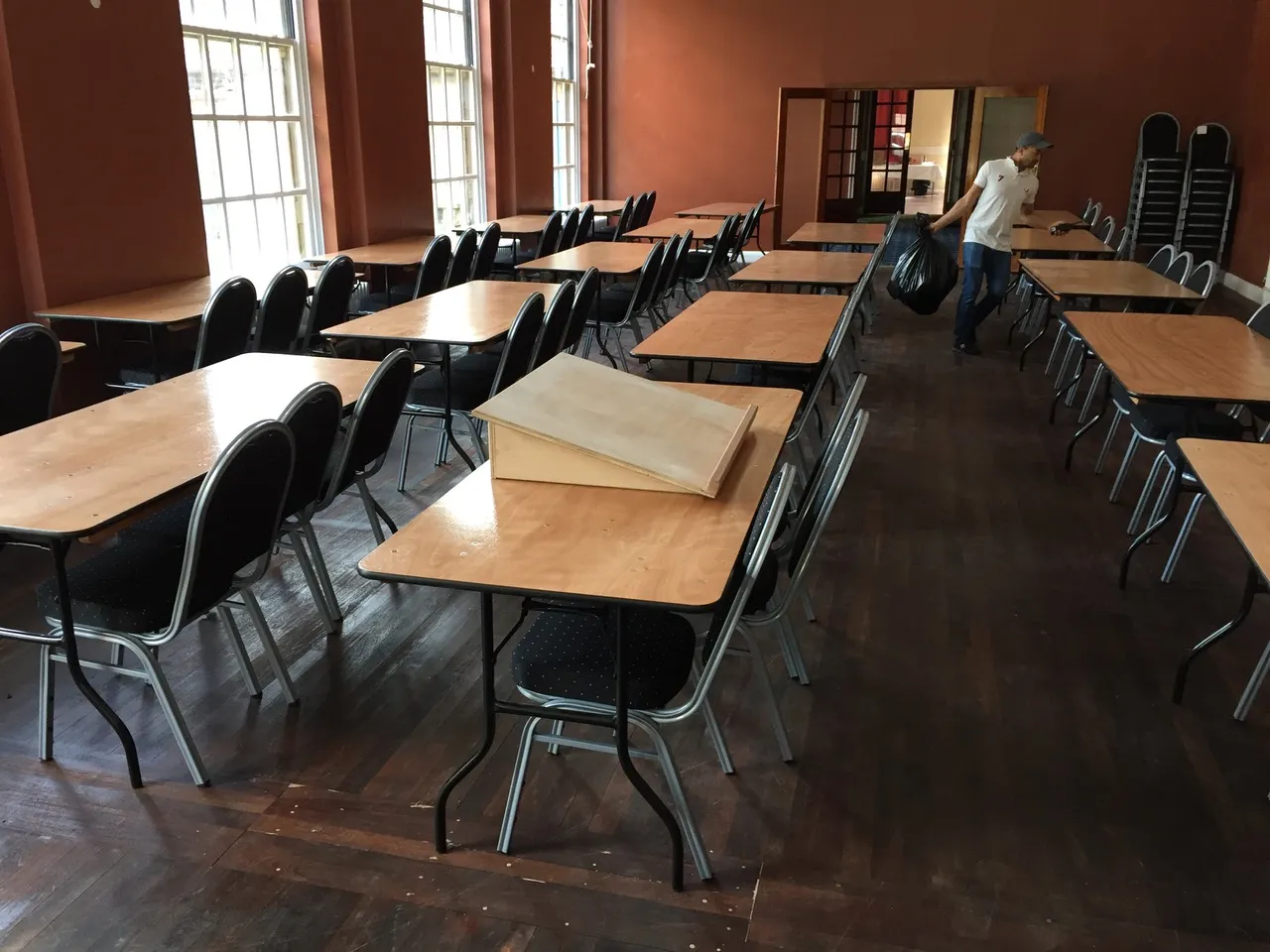 The main hall set out with tables and chairs